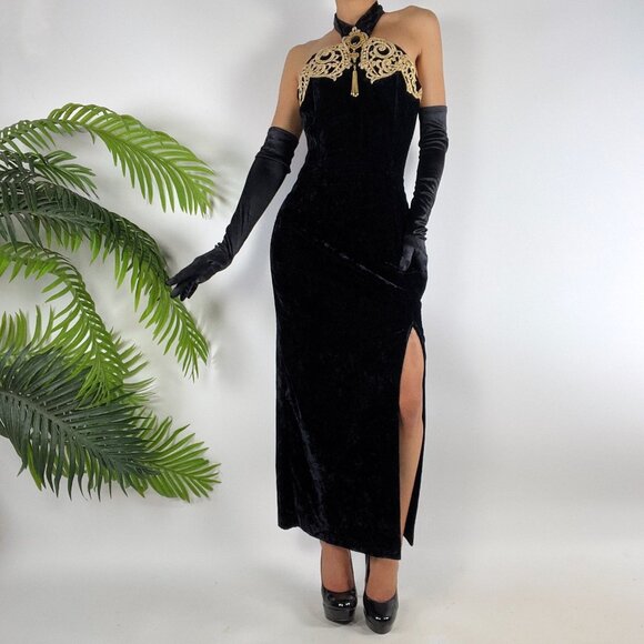 Vintage 90s Black Velvet Whimsygoth Romantic Gothic Halter Evening Prom Dress /6 - Picture 1 of 12